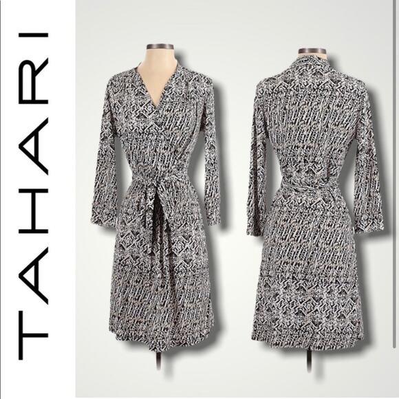 TAHARI ASL CLASSIC PREPPY WRAP PRINT DRESS IVORY BLACK TAN SIZE SMALL - Picture 1 of 6